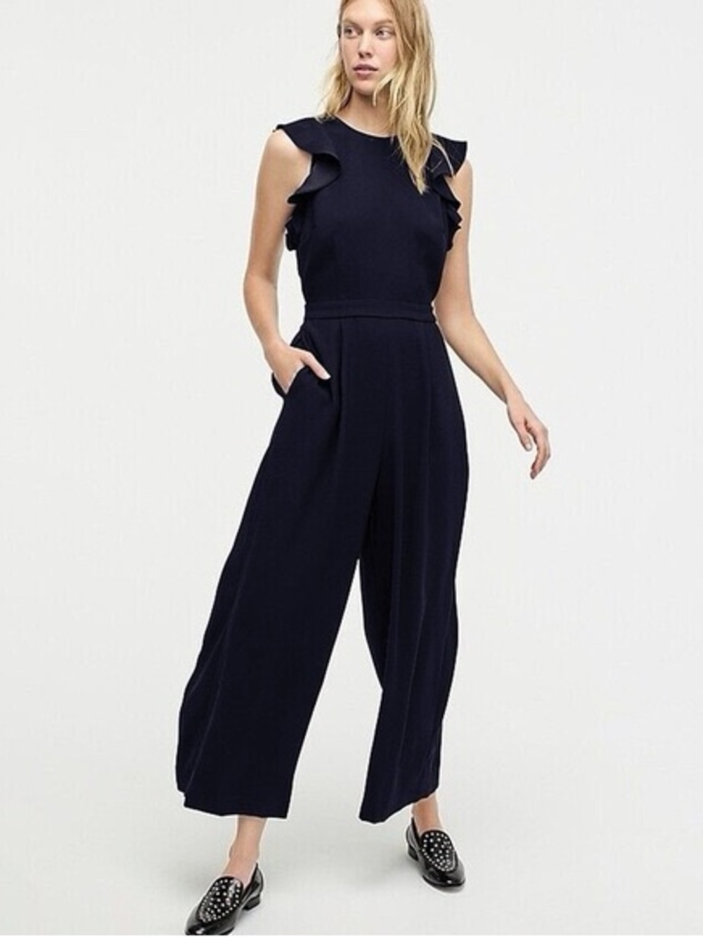J Crew Sleeveless Ruffle Wide-Leg Jumpsuit in Navy